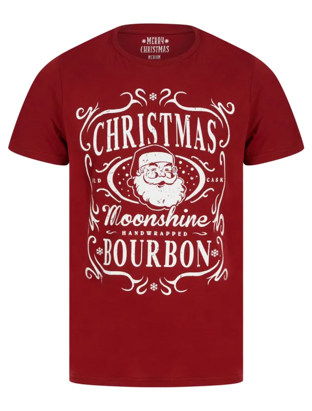Men's Xmas Bourbon Motif Novelty Cotton Christmas T-Shirt in Red Dahlia - Merry Christmas sold by Tokyo Laundry