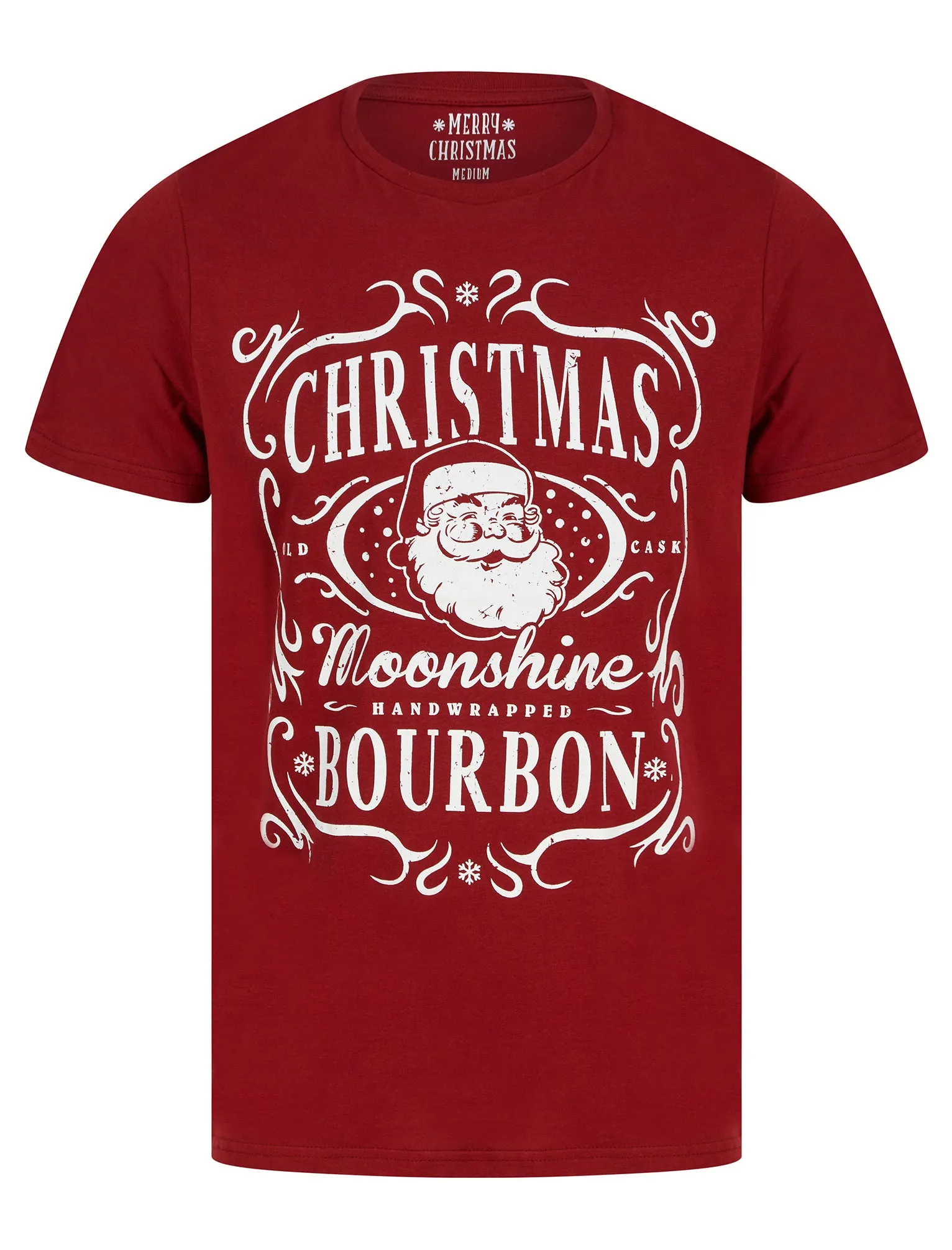 Men's Xmas Bourbon Motif Novelty Cotton Christmas T-Shirt in Red Dahlia - Merry Christmas sold by Tokyo Laundry