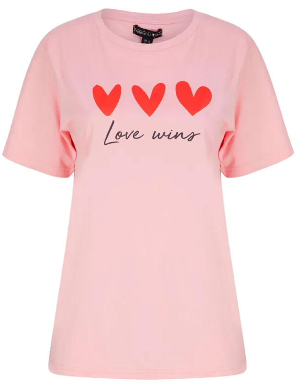 Love Wins Motif Cotton Jersey T-Shirt in Candy Pink - Weekend Vibes sold by Tokyo Laundry