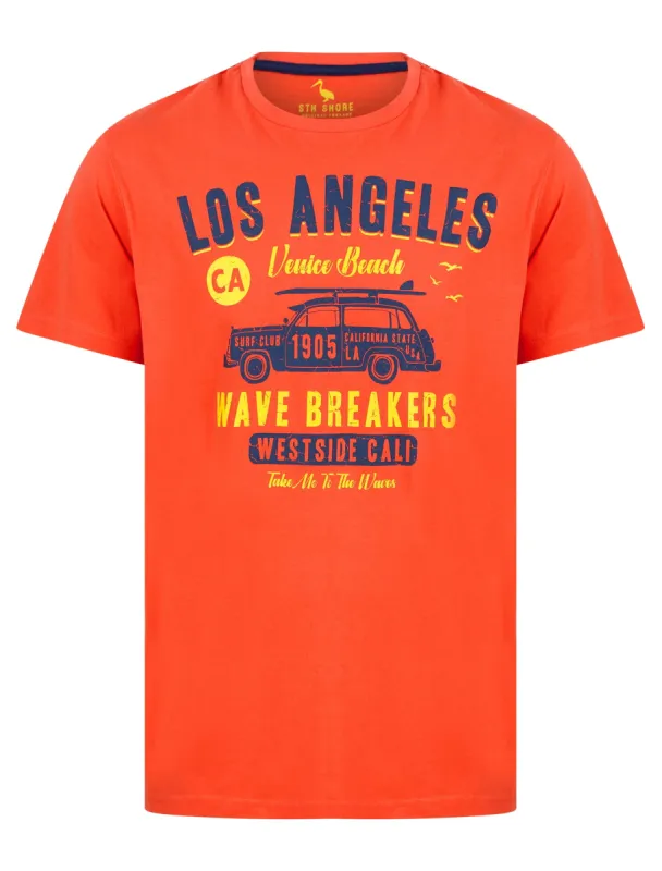 Wave Breakers Motif Cotton Jersey T-Shirt in Hot Coral - South Shore sold by Tokyo Laundry