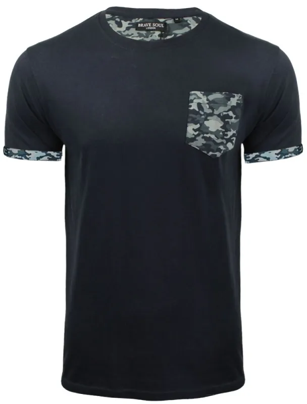 Jarvis Camo Pocket Cotton T-Shirt with Roll Sleeves in Navy sold by Tokyo Laundry