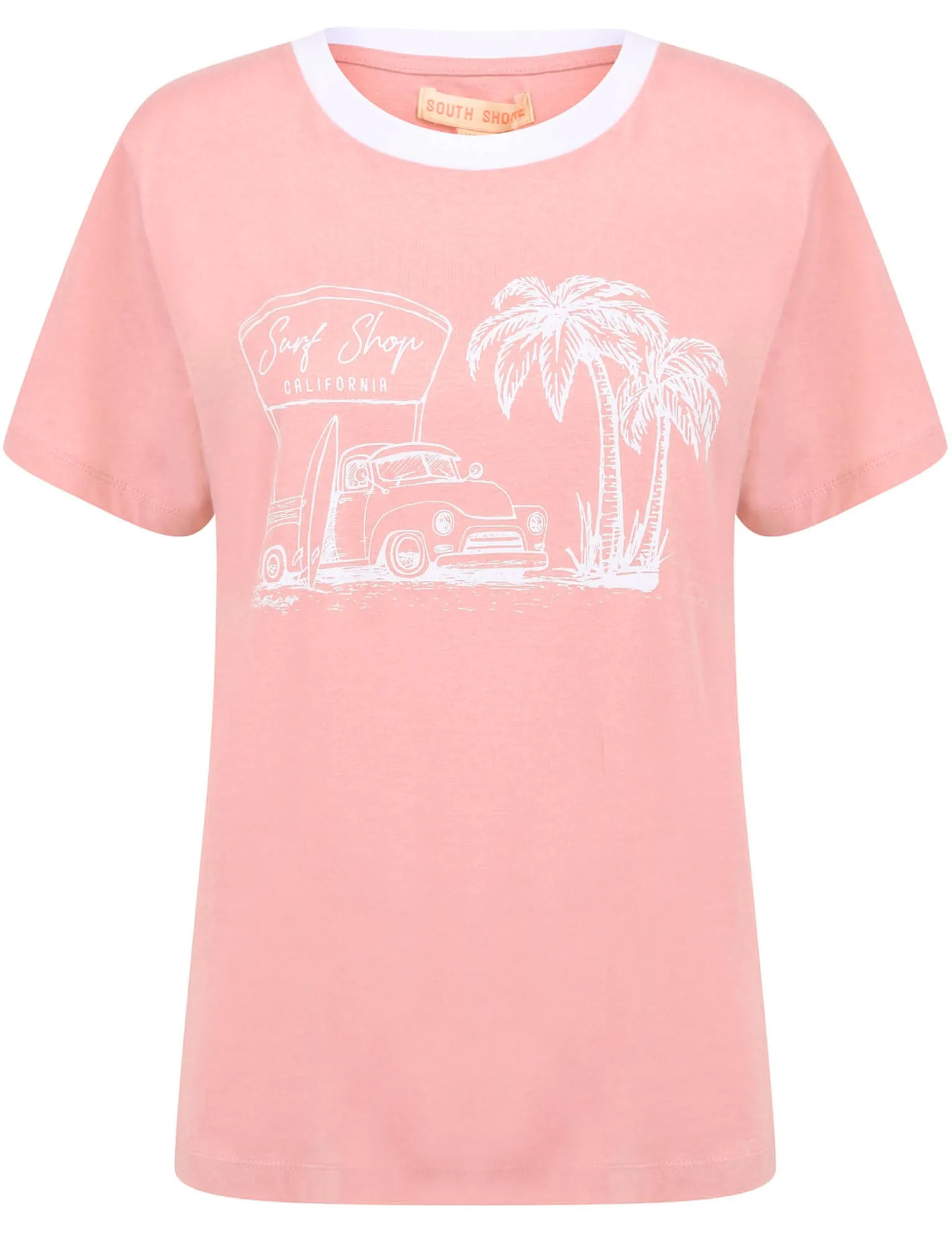 Surf Shop Motif Cotton Ringer T-Shirt in Bridal Rose - South Shore sold by Tokyo Laundry