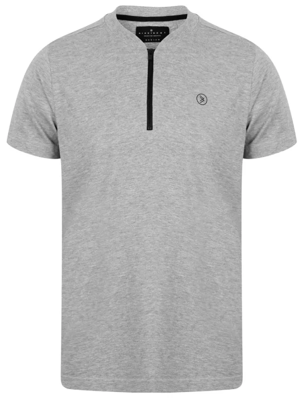 Leith Baseball Zip Up Neck Cotton T-Shirt In Light Grey Marl - Dissident sold by Tokyo Laundry