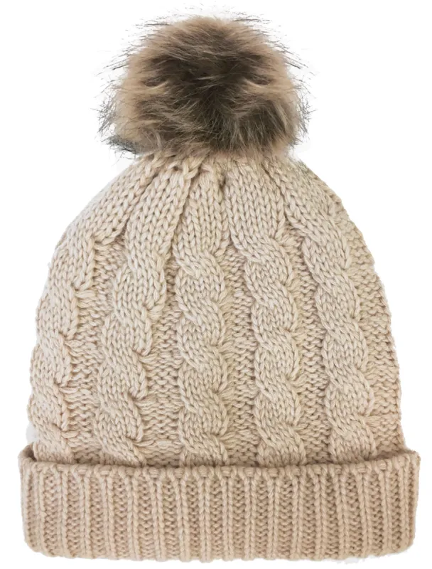 Devin Borg Lined Cable Knit Bobble Hat in Cream sold by Tokyo Laundry