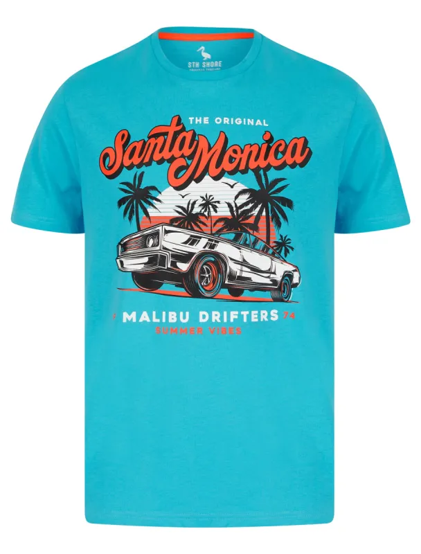 Malibu Drifters Motif Cotton Jersey T-Shirt in Blue Atoll - South Shore made by Tokyo Laundry