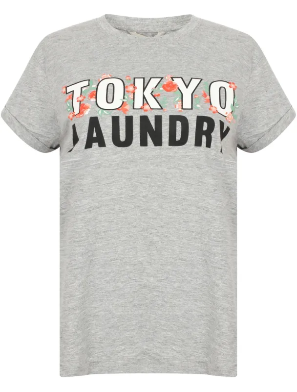 Katie Oversized Floral Cotton Crew Neck T-Shirt In Light Grey Marl - Tokyo Laundry sold by Tokyo Laundry
