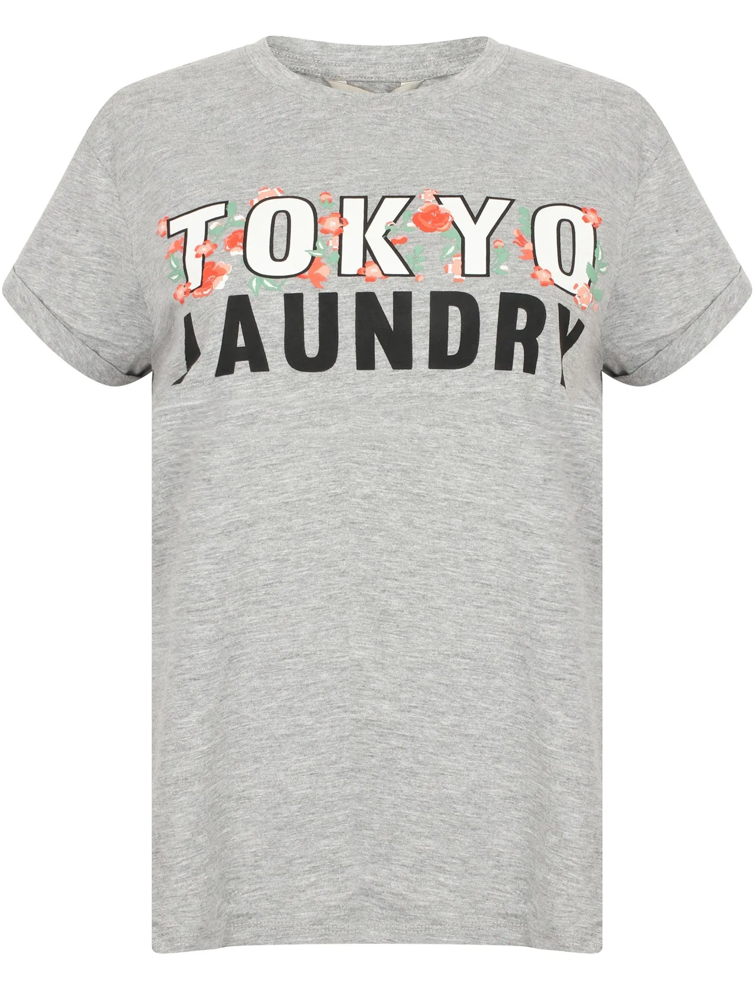 Katie Oversized Floral Cotton Crew Neck T-Shirt In Light Grey Marl - Tokyo Laundry sold by Tokyo Laundry