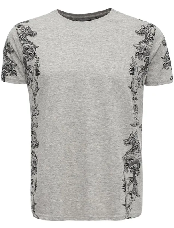 Japaness Dragon Print Crew Neck T-Shirt in Grey sold by Tokyo Laundry