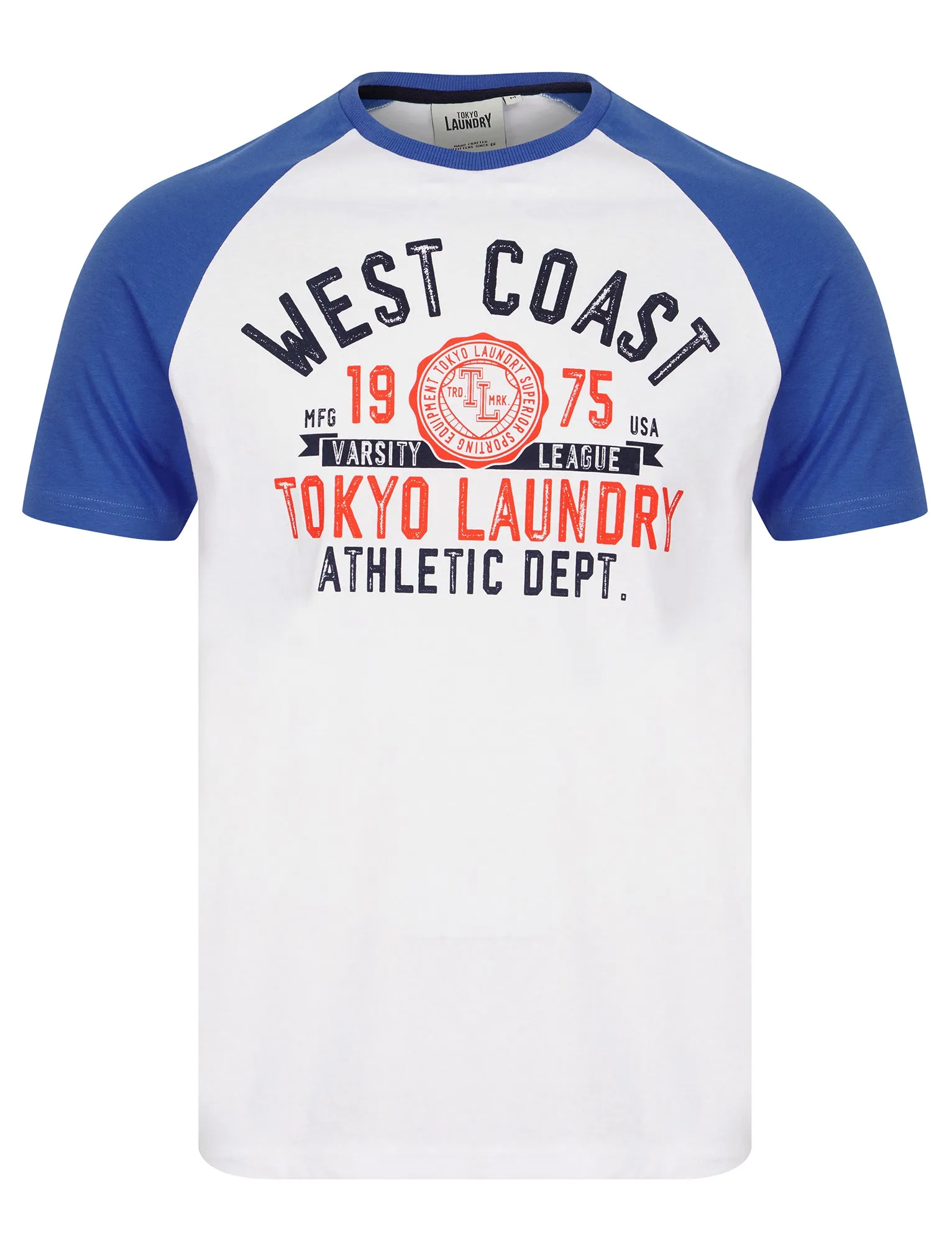 Dewalt Baseball Style Raglan Sleeve Cotton Jersey Crew Neck T-Shirt in Dazzling Blue - Tokyo Laundry sold by Tokyo Laundry