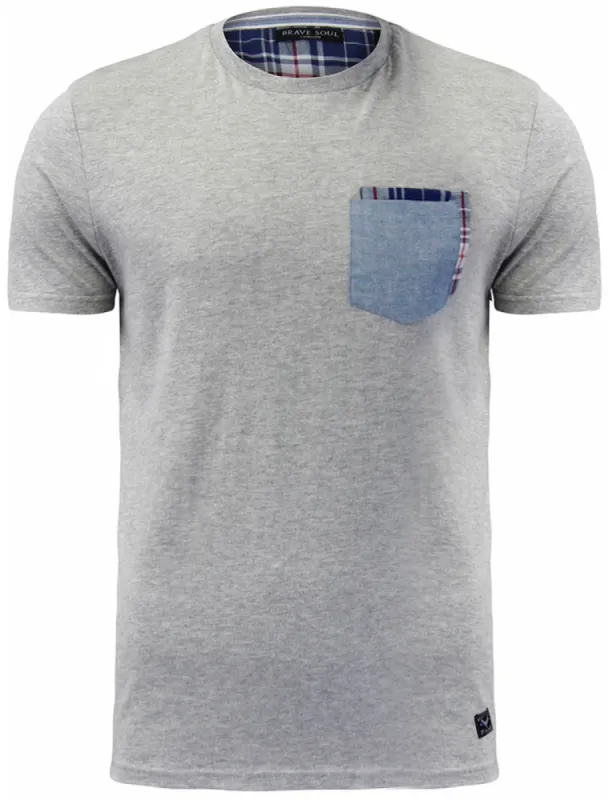 Clover Cotton T-Shirt with Chambray / Checked Chest Pocket in Grey Marl sold by Tokyo Laundry
