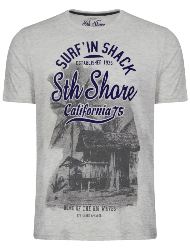 Shack Motif Cotton Crew Neck T-Shirt In Light Grey Marl - South Shore sold by Tokyo Laundry