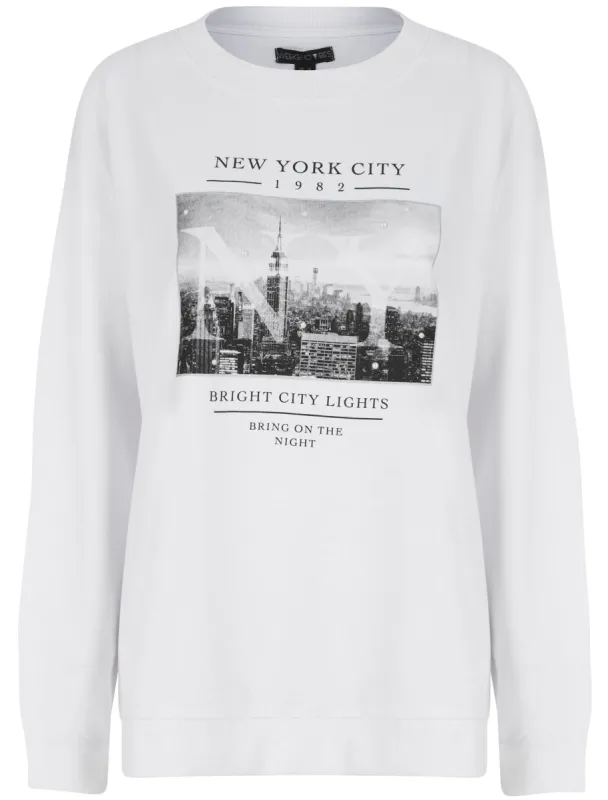 Bright Lights NYC Motif Crew Neck Sweatshirt in Optic White - Weekend Vibes sold by Tokyo Laundry