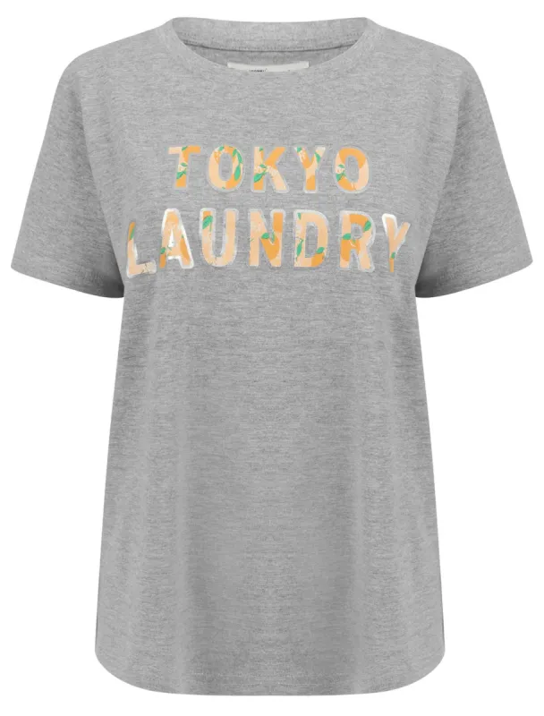 Malian Metallic Foil Floral Print Motif Cotton Jersey T-Shirt in Light Grey Marl - Tokyo Laundry sold by Tokyo Laundry