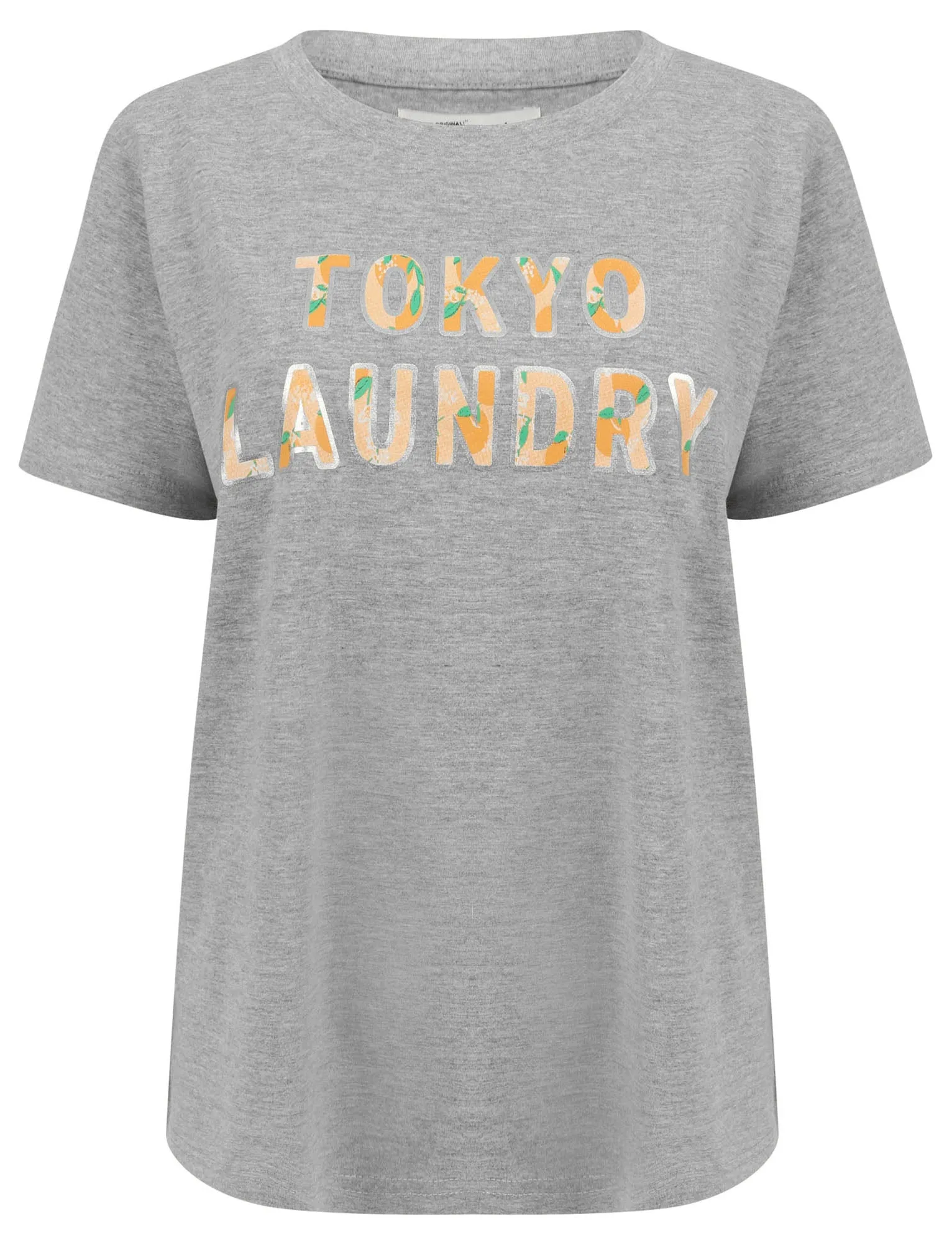 Malian Metallic Foil Floral Print Motif Cotton Jersey T-Shirt in Light Grey Marl - Tokyo Laundry sold by Tokyo Laundry