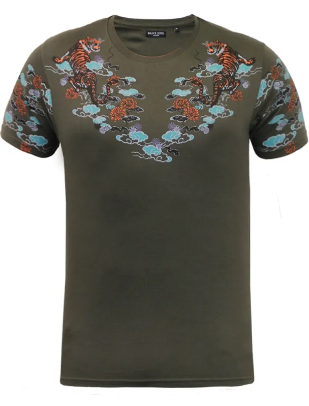 Gozen Tiger Print Crew Neck T-Shirt in Khaki sold by Tokyo Laundry