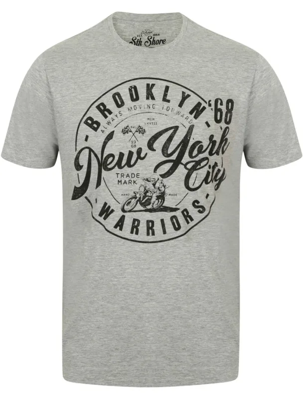 Warriors Crew Neck T-Shirt with Motif in Light Grey Marl - South Shore sold by Tokyo Laundry