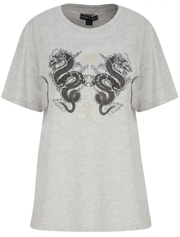 Double Dragon Motif Cotton T-Shirt with Foil Text in Light Grey Marl - Weekend Vibes made by Tokyo Laundry