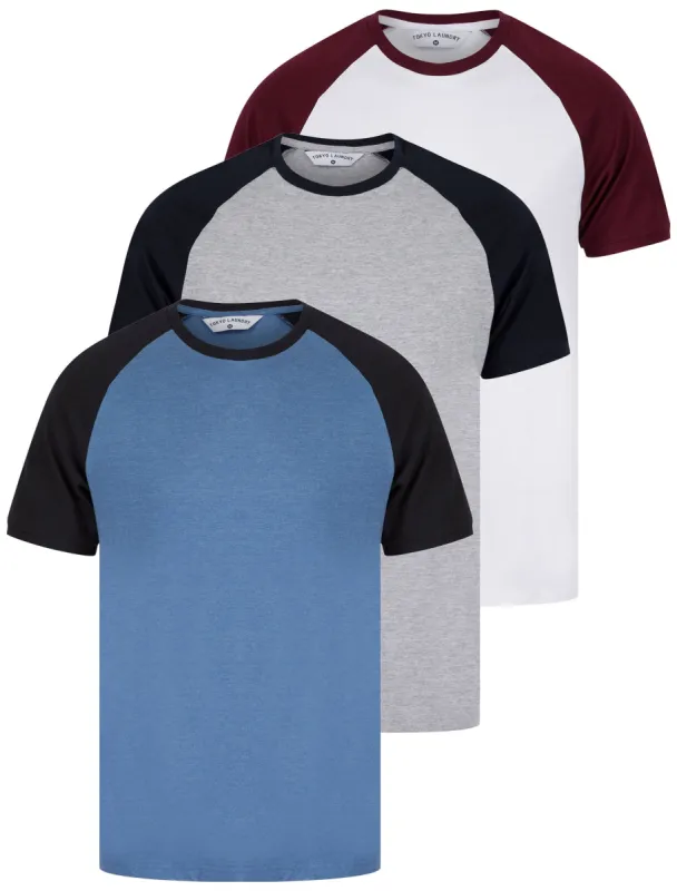 Dunswell (3 Pack) Raglan Sleeve Cotton Jersey Basic T-Shirt Set In Light Grey Marl / White / Dutch Blue - Tokyo Laundry sold by Tokyo Laundry