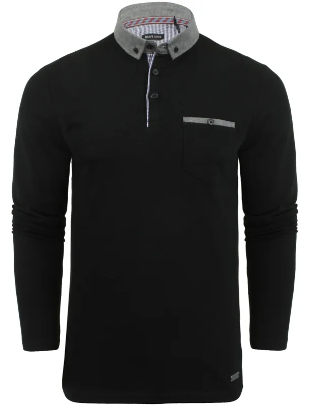Herae Chambray Collar Long Sleeve Polo Shirt in Black sold by Tokyo Laundry