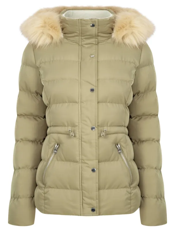 Pisa Quilted Puffer Jacket With Faux Fur Hood In Mermaid Khaki - Tokyo Laundry sold by Tokyo Laundry
