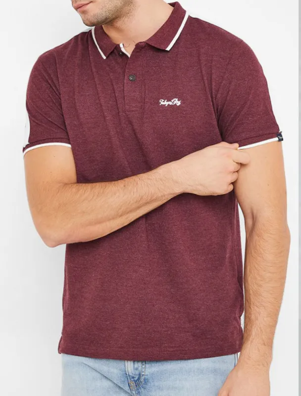 Café Racer Cotton Polo Shirt with Racer Stripes In Bordeaux Marl - Tokyo Laundry sold by Tokyo Laundry
