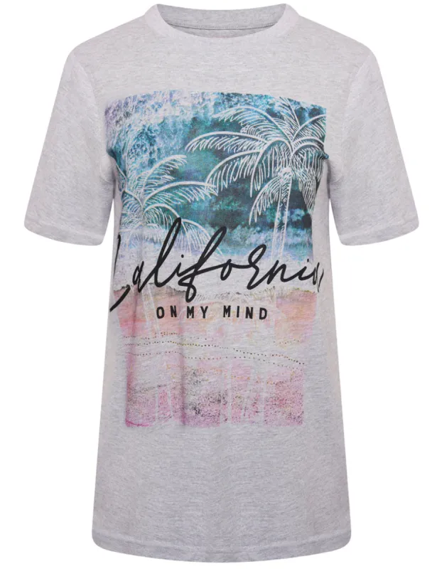 Cali On My Mind Motif Cotton T-Shirt in Light Grey Marl - South Shore sold by Tokyo Laundry