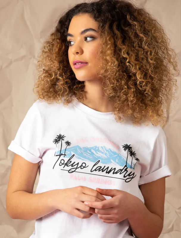 Cami Palm Springs Motif Cotton Jersey T-Shirt in Bright White - Tokyo Laundry sold by Tokyo Laundry