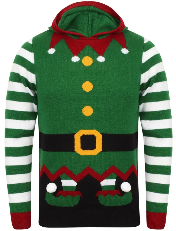 Elf Hoody Novelty Christmas Jumper in Green - Season’s Greetings sold by Tokyo Laundry