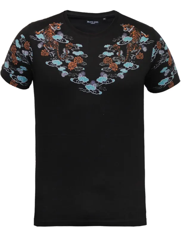 Gozen Tiger Print Crew Neck T-Shirt in Black sold by Tokyo Laundry