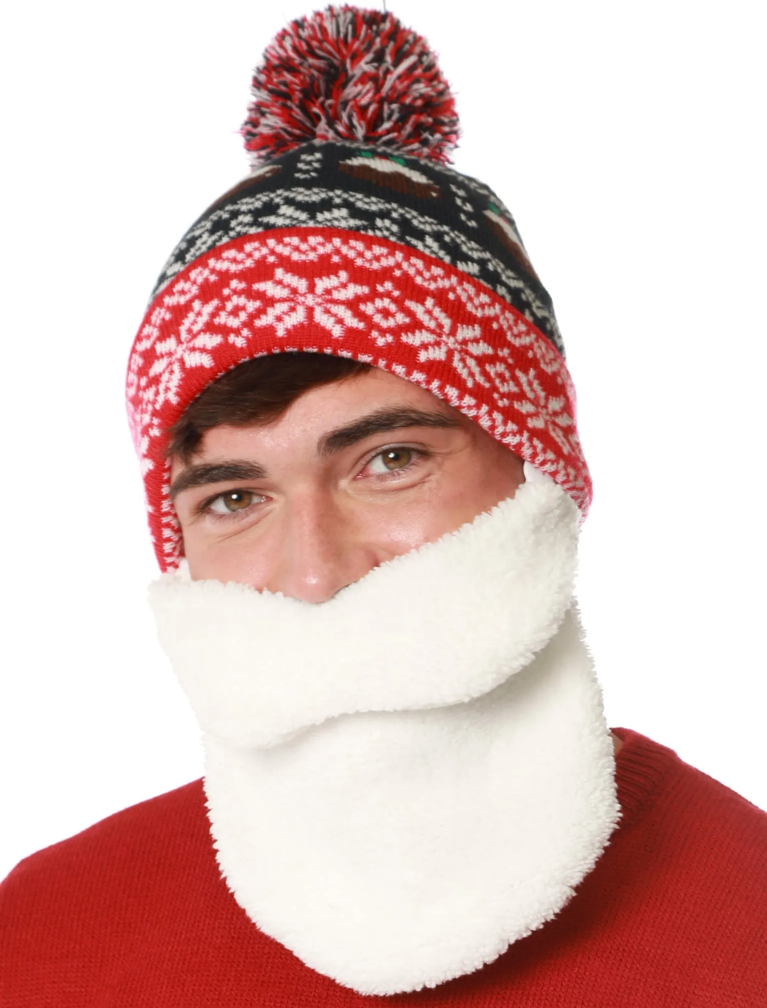 Novelty Fairisle Santa Beard Beanie Hat with Pom Pom in Navy - Merry Christmas sold by Tokyo Laundry