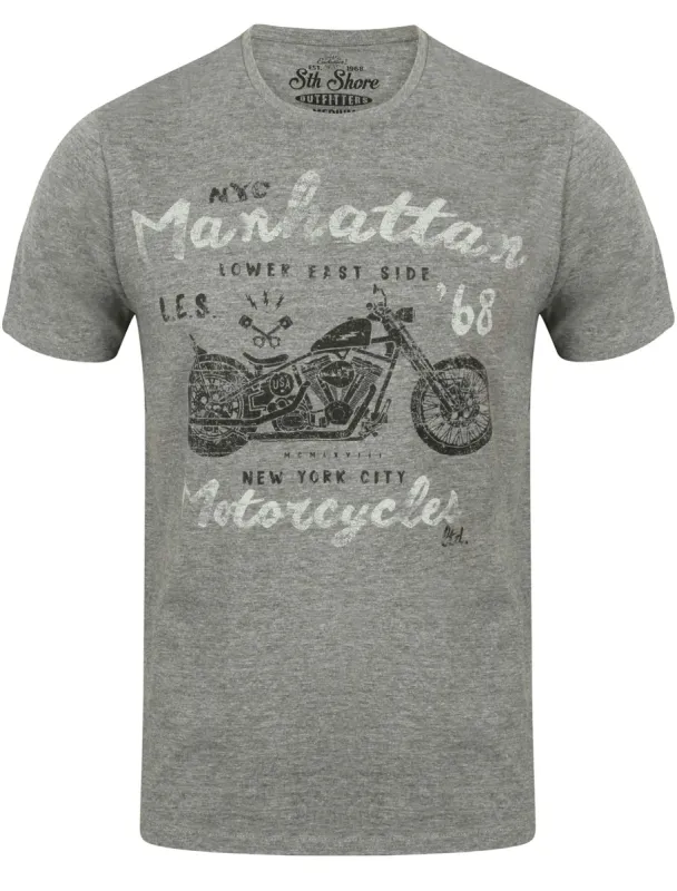Manhattan Crew Neck T-Shirt with Motif in Mid Grey Marl - South Shore sold by Tokyo Laundry
