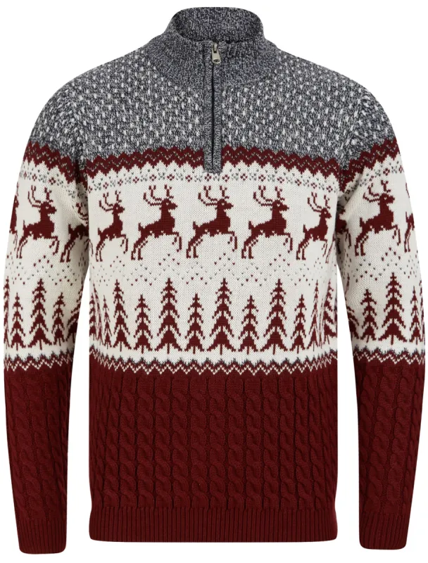 Jumping Deer Nordic Jacquard Cable Knit Jumper with Half Zip in Claret- Merry Christmas sold by Tokyo Laundry