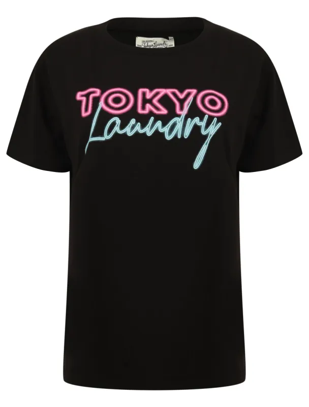 Galilea Neon Lettering Motif Cotton Jersey T-Shirt in Jet Black - Tokyo Laundry sold by Tokyo Laundry