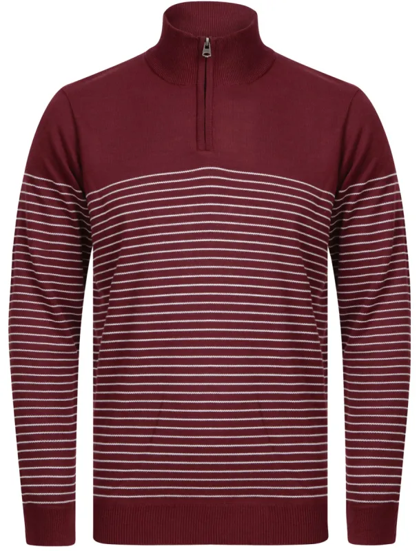 Humphrey Striped Half Zip Neck Knit Jumper in Wine - Kensington Eastside made by Tokyo Laundry