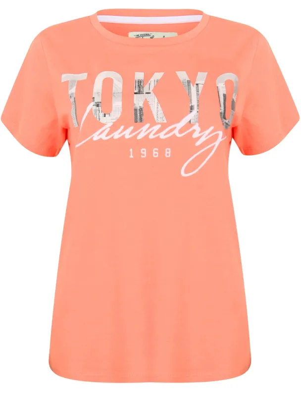 Womens Skyline Motif Cotton Jersey T-Shirt In Sweet Peach - Tokyo Laundry sold by Tokyo Laundry
