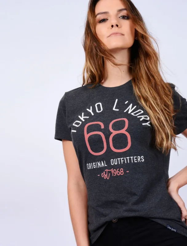 Keoni Flocked Motif Cotton Jersey T-Shirt In Dark Grey Marl - Tokyo Laundry sold by Tokyo Laundry