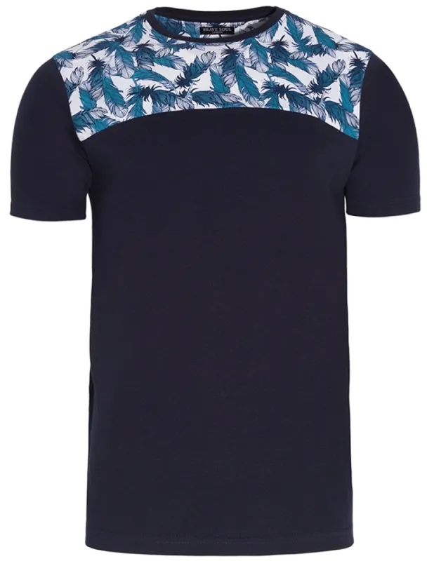 Ramirez Feather Print Panel Crew Neck T-Shirt in Navy sold by Tokyo Laundry