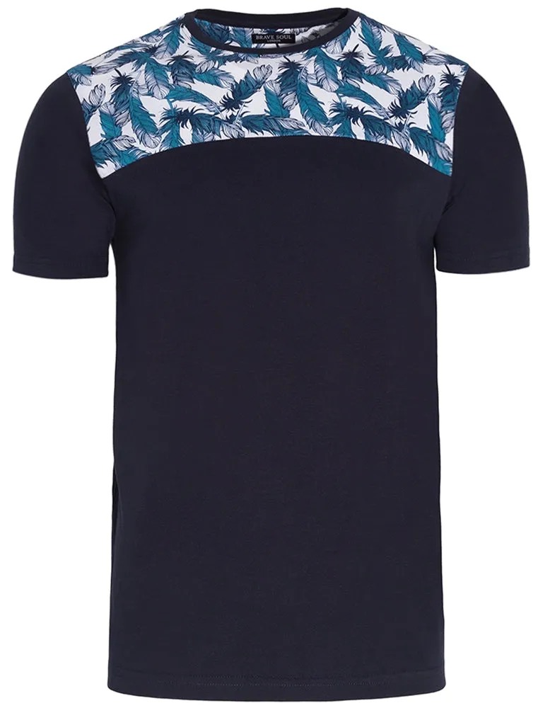 Ramirez Feather Print Panel Crew Neck T-Shirt in Navy sold by Tokyo Laundry