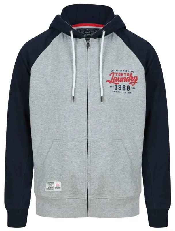 Raggo Zip Through Raglan Sleeve Hoodie in Light Grey Marl / Navy - Tokyo Laundry sold by Tokyo Laundry