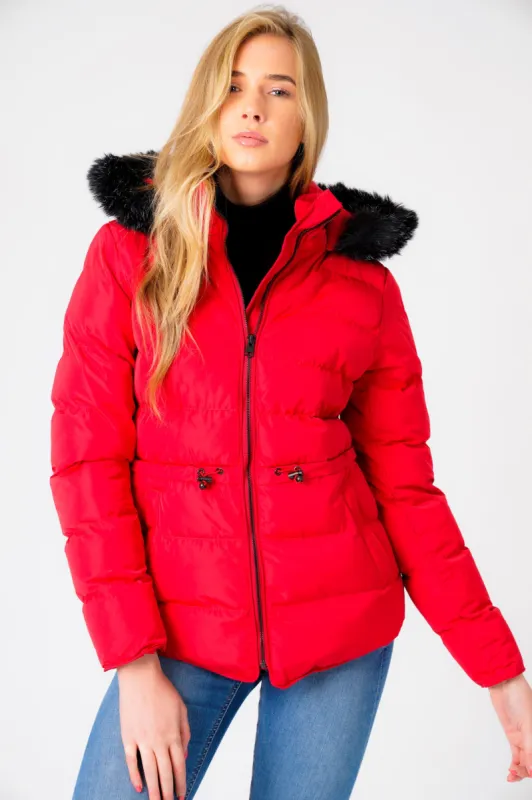Jasmin Quilted Puffer Jacket With Faux Fur Trim Hood In Crimson - Tokyo Laundry sold by Tokyo Laundry