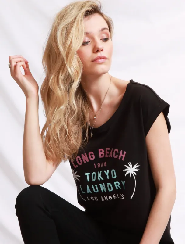 Aafiyah Cotton T-Shirt with Turn-Up Sleeves In Jet Black - Tokyo Laundry sold by Tokyo Laundry