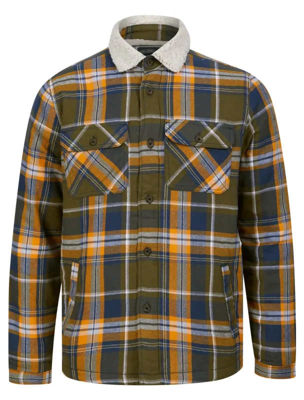 Hess Sherpa Fleece Lined Checked Flannel Cotton Overshirt Jacket in Grape Leaf - Tokyo Laundry sold by Tokyo Laundry