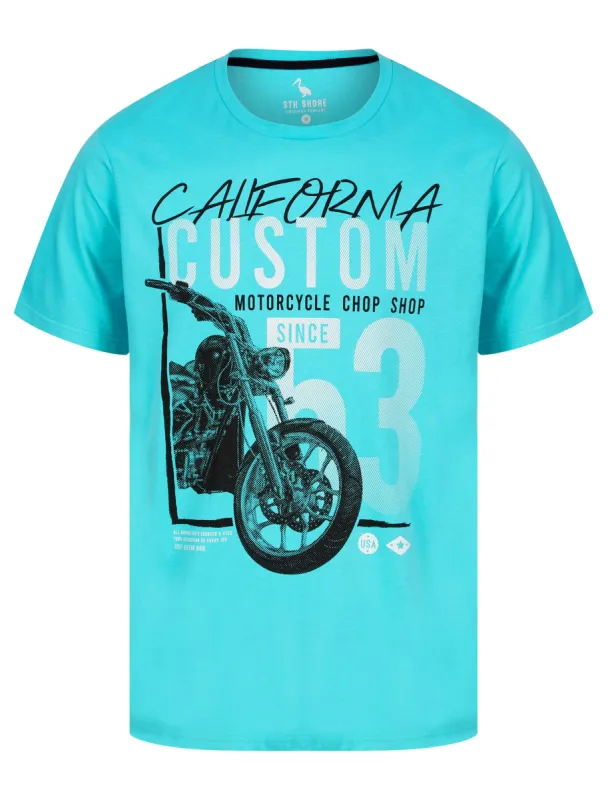Custom Chop Shop Motif Cotton Jersey T-Shirt in Blue Curacao - South Shore sold by Tokyo Laundry