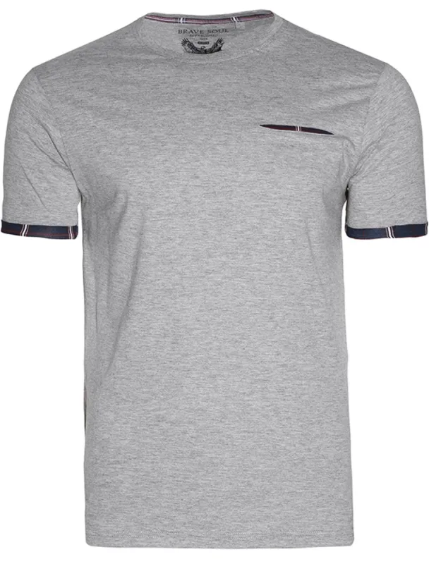 Chant Crew Neck T-shirt With Checked Print Pocket in Grey Marl sold by Tokyo Laundry