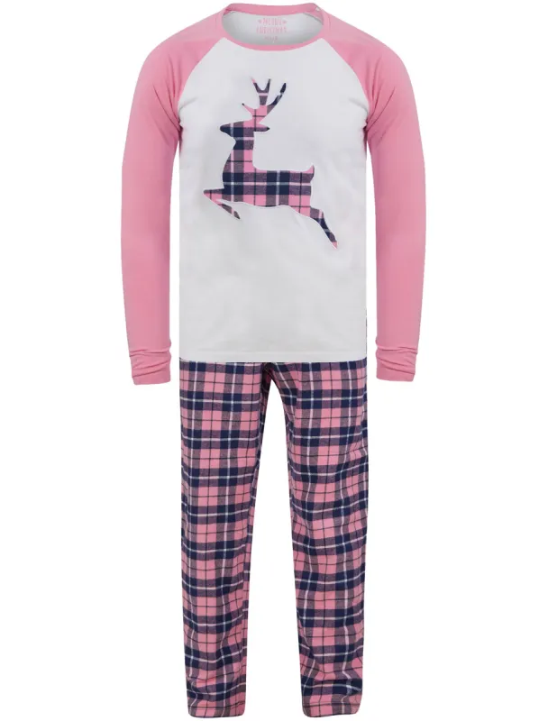 Women's Reindeer Applique 2pc Lounge Pyjama Set in Pink / Pink Navy Check - Merry Christmas sold by Tokyo Laundry