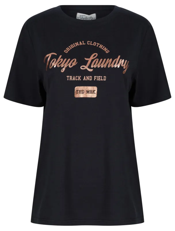 Payton Rose Gold Foil Motif Cotton Jersey T-Shirt in Jet Black - Tokyo Laundry sold by Tokyo Laundry