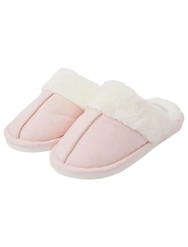 Rio Faux Suede Mule Slippers with Faux Fur Lining & Trim in Light Pink - Tokyo Laundry sold by Tokyo Laundry