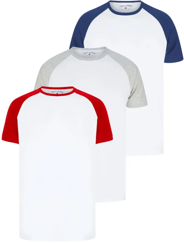 Dunswell (3 Pack) Raglan Sleeve Cotton Jersey Basic T-Shirt Set In Red / Blue / Grey Marl - Tokyo Laundry sold by Tokyo Laundry