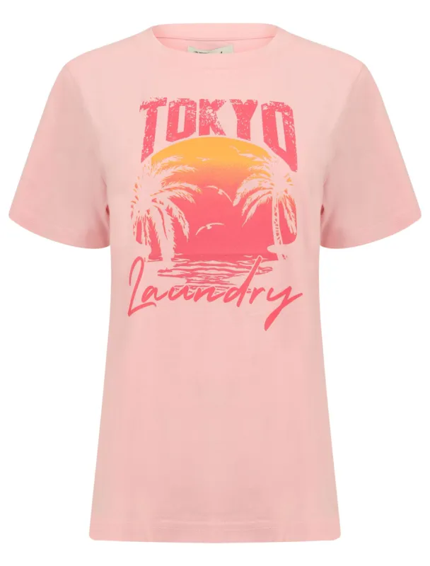Palma Sunset Motif Cotton Jersey T-Shirt in Rose Shadow - Tokyo Laundry sold by Tokyo Laundry