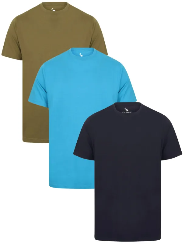Kier 3 Pack 100% Cotton Crew Neck T-Shirt in Navy / Blue Aster / Ivy Green - South Shore sold by Tokyo Laundry